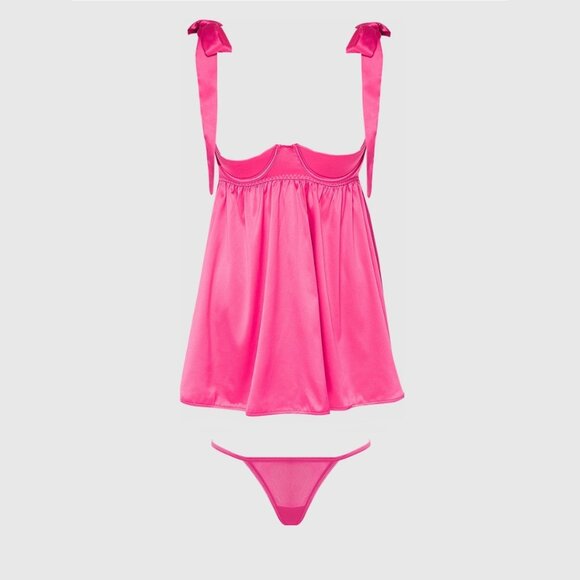 House of Desire Brigeta Pink Satin Open Cup Babydoll and G-String Lingerie Set - Picture 1 of 7